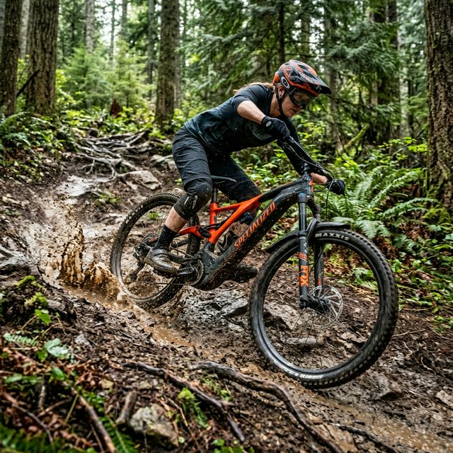Rider en action descente technique sur VTT électrique
